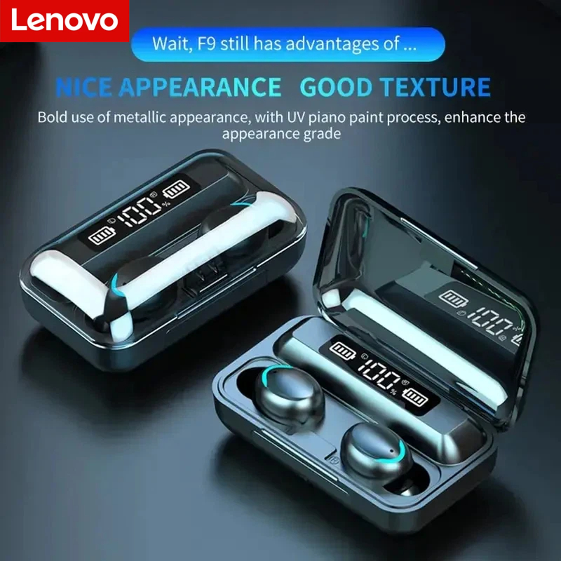 Earbuds Charging Case - หูฟังไร้สายบลูทูธ Lenovo F9 - กล่องชาร์จความจุสูงและหน้าจอดิจิตอล, หูฟังสำหรับเล่นเกมแบตเตอรี่ใช้งานได้ยาวนาน