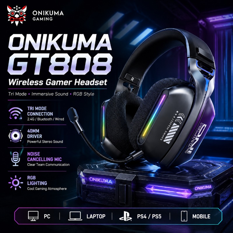 Gaming Headset Rgb - หูฟังเกมมิ่งไร้สาย ONIKUMA GT808 รองรับโหมดการเชื่อมต่อสามแบบ บลูทูธ 2.4GHz