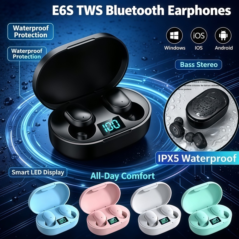 Bluetooth Headset On Ear - หูฟังบลูทูธไร้สาย TWS E6S รุ่นขายดีปี 2026 พร้อมไมโครโฟนและระบบตัดเสียงรบกวน