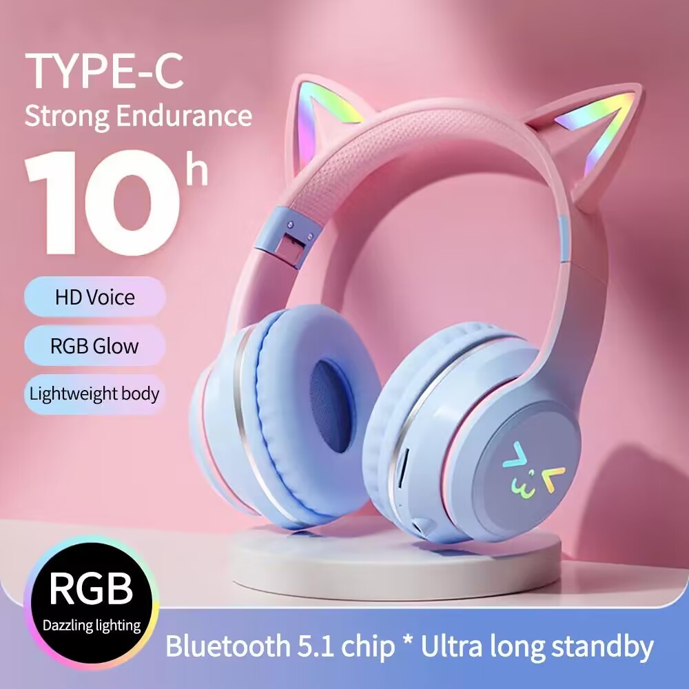 Gaming Headset Rgb - หูฟังเรืองแสง RGB หูฟังเอียบัดไร้สาย5.3หูแมวหูฟังบลูทูธเล่นกีฬาเครื่องเล่น Mp3บลูทูธไมโครโฟนเกมชุดหูฟัง
