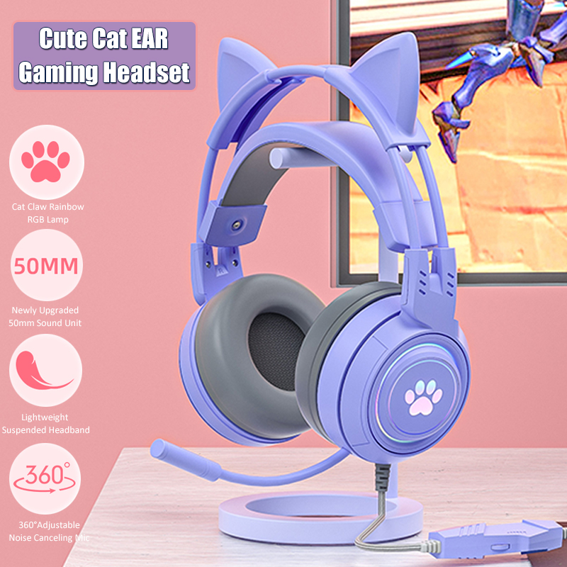 Gaming Headset Rgb - ชุดหูฟังสำหรับเด็กผู้หญิงสีชมพู, Headphone GAMING หูแมวน่ารักพร้อมไมค์ลดเสียงรบกวน RGB อุปกรณ์เสริมสำหรับ